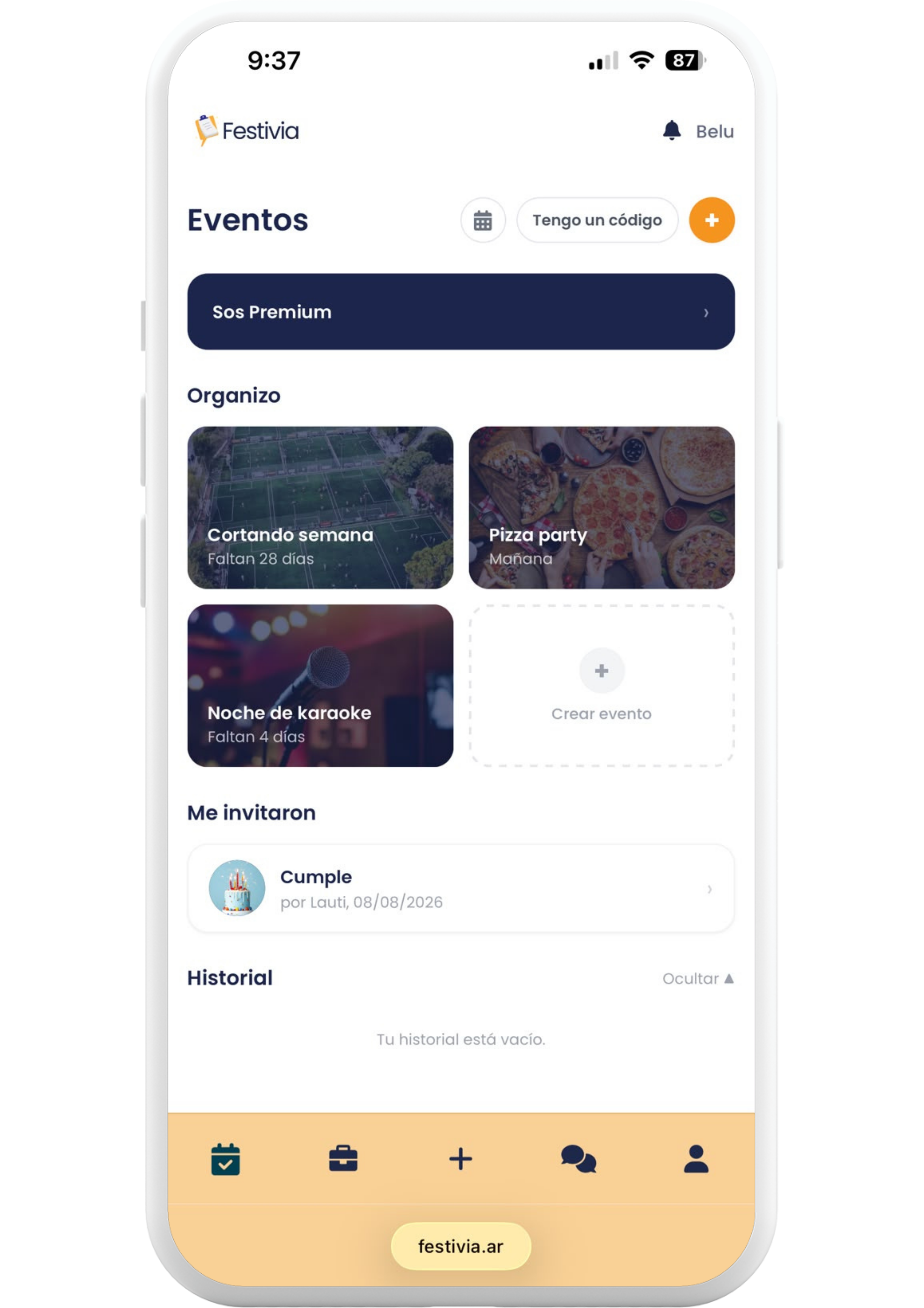 Pantalla de eventos de Festivia